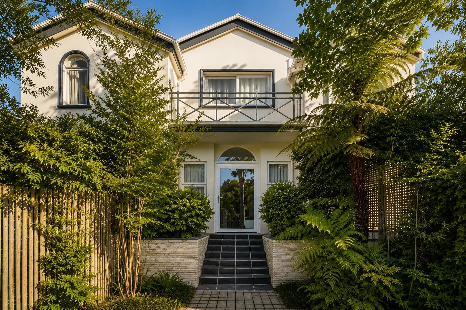 Constantiaberg Eco Villa — a cream-coloured two-storey villa framed by tree ferns and bamboo, with arched windows and a slate-stepped entrance