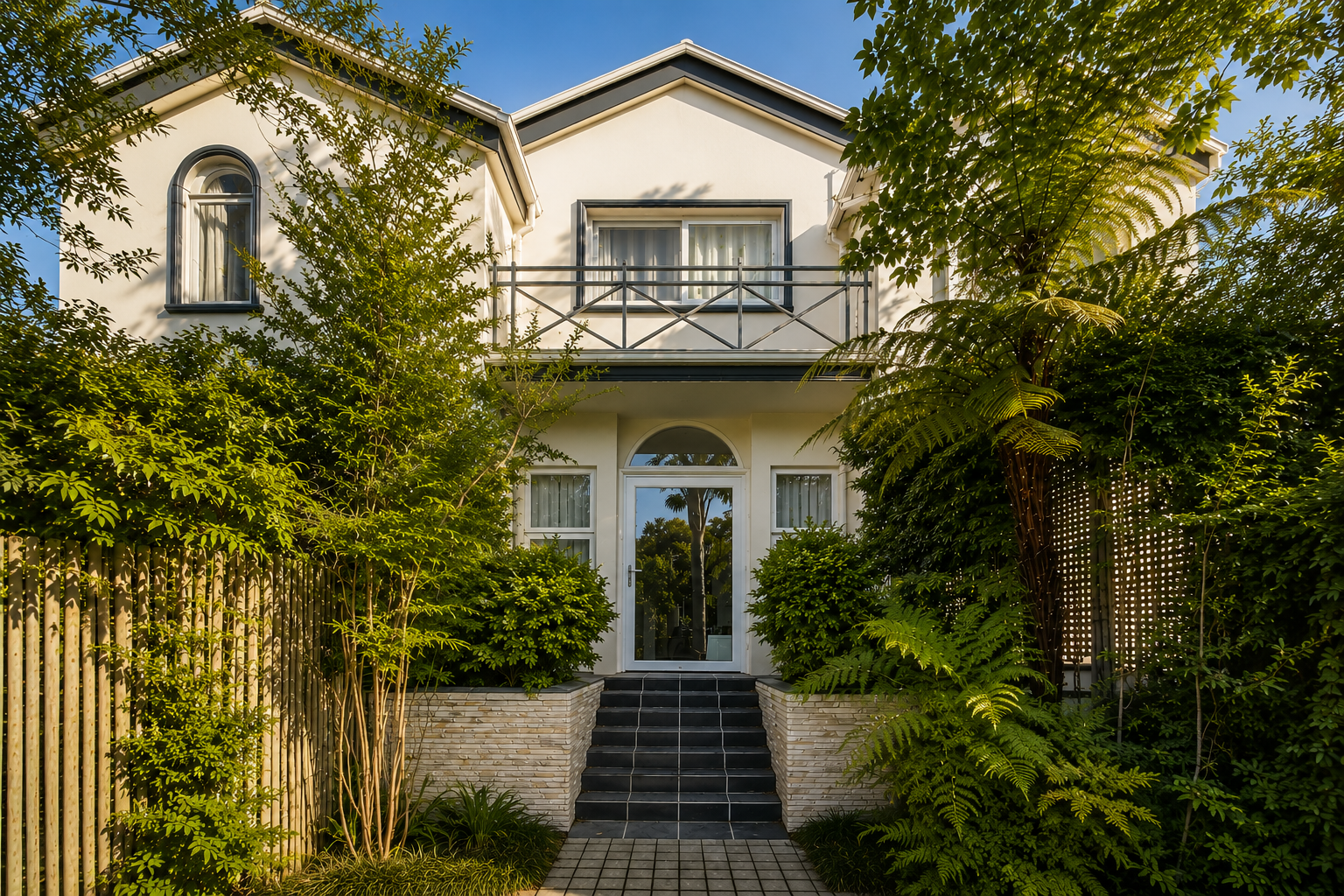 Constantiaberg Eco Villa — a cream-coloured two-storey villa framed by tree ferns and bamboo, with arched windows and a slate-stepped entrance